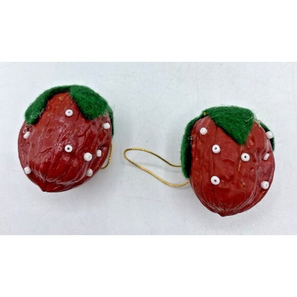 2 Vintage Christmas Tree Ornaments Handmade Strawberry Nut Shell Rustic Holiday - Picture 3 of 7